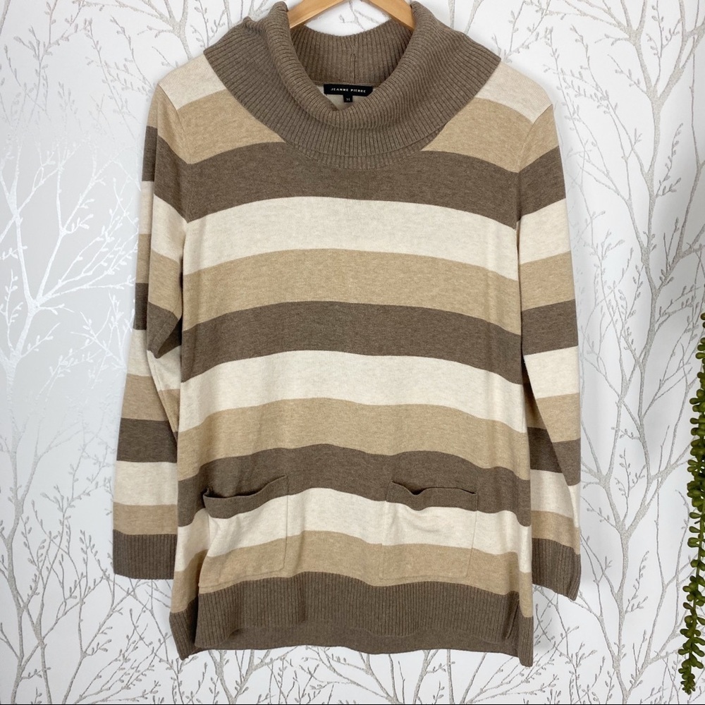 JEANNE PIERRE Cotton Stripe Cowl Neck Sweater Tan